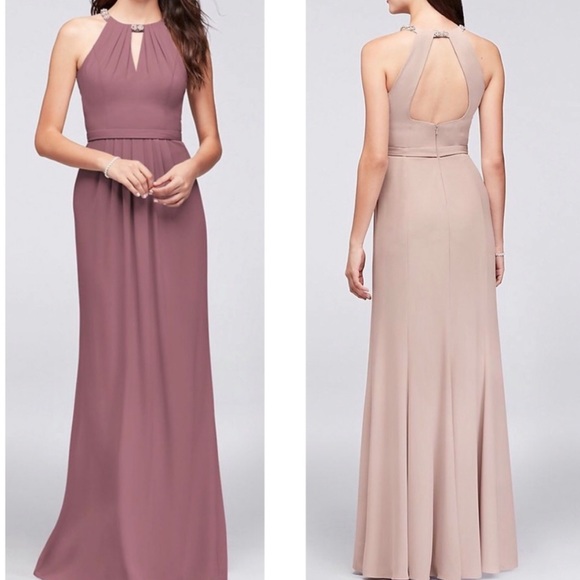 NWT David’s Bridal Keyhole Halter Jewel Neckline Maxi Dress Marine Navy - Picture 2 of 7